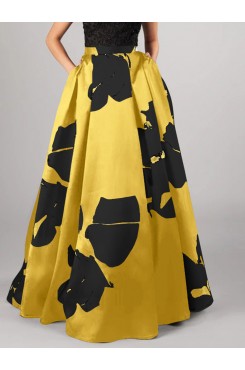 Women Large Flower Print A  Line Swing Casual High Waist Skirts With Pocket