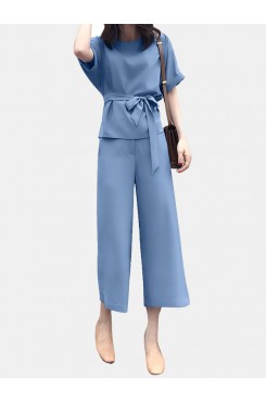 Solid Belt Pocket Rolled Sleeve Wide Leg Two Pieces Suit